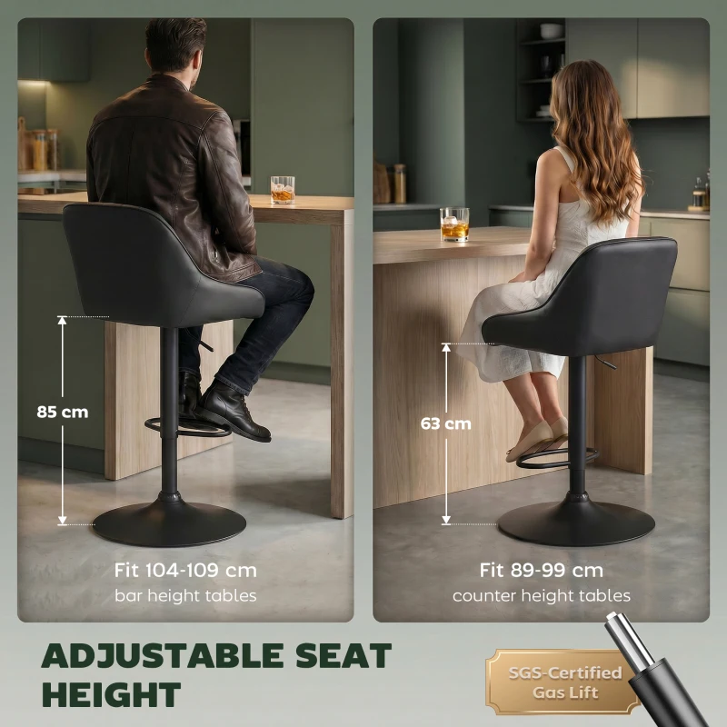 HOMCOM Bar Stools Adjustable Swivel Kitchen Chairs with Backrest Set of 2 for Kitchen Island Black