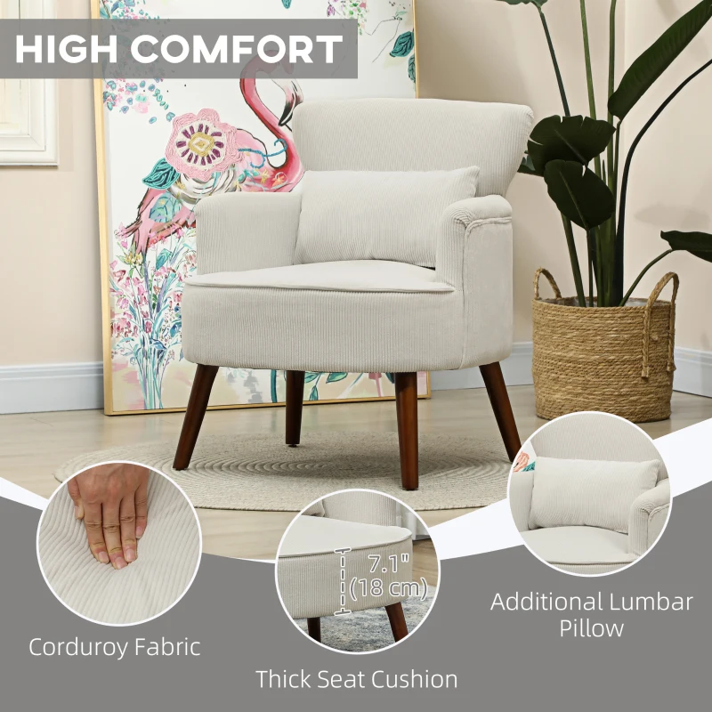 HOMCOM Modern Accent Chair, Upholstered Armchair with Solid Wood Legs and Lumbar Pillow for Living Room, Cream White