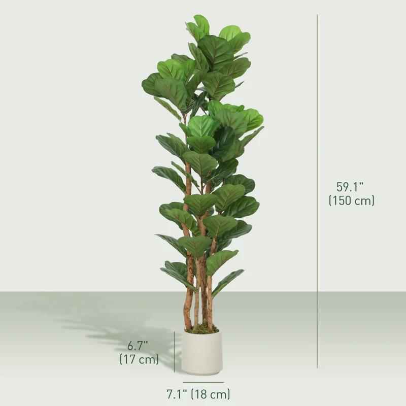 HOMCOM 5FT Artificial Fiddle Leaf Fig Tree Set of 2, Fake Potted Tree with Solid Wood Trunks for Indoor Decor, Green