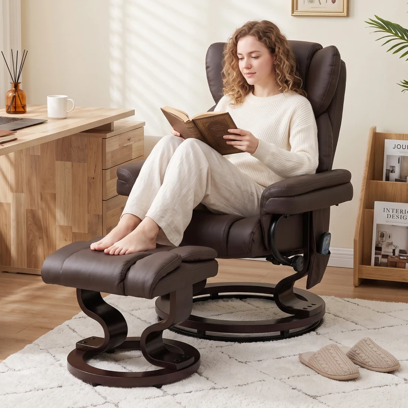 HOMCOM Massage Recliner Chair with Footrest, Swivel Armchair, Wrapped Wood Base, 10 Massage Points, Faux Leather, Brown
