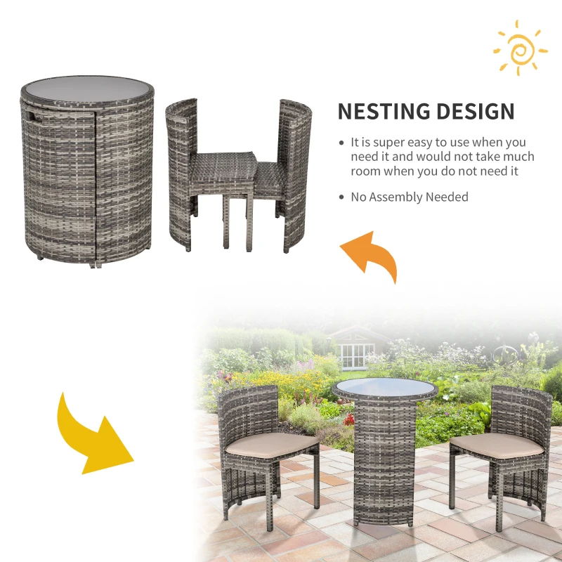Outsunny 3 PCS Outdoor Rattan Wicker Bistro Set with Storage Shelf, Glass Top Table, Soft Cushioned Chairs and Space Saving Design, Patio Conversation Set for Garden Backyard Porch, Grey