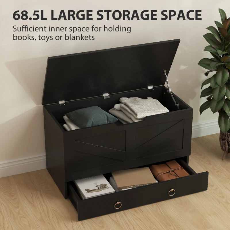 HOMCOM 31.5 Inches Storage Chest, Storage Trunk with 2 Safety Hinges for Living Room, Black Wood Grain
