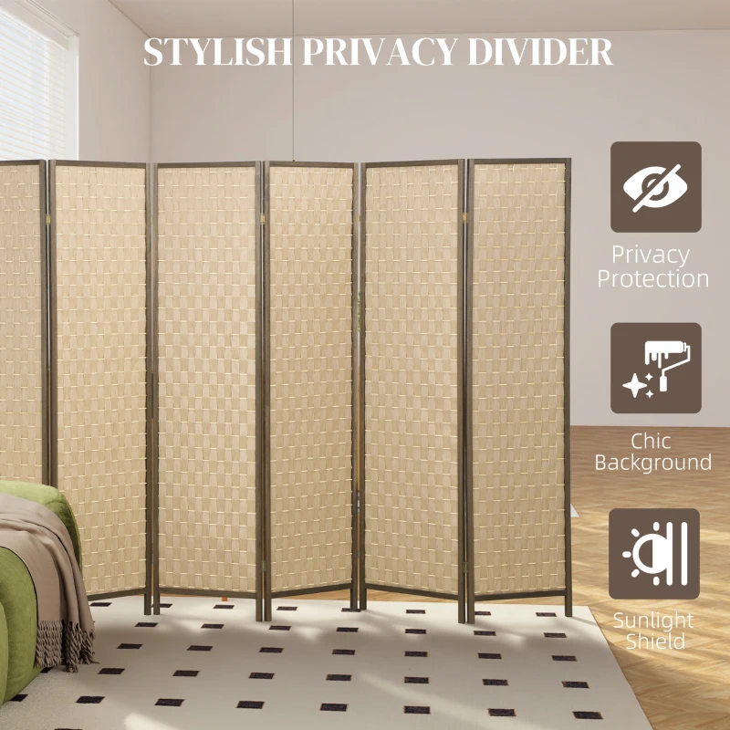 HOMCOM 6 FT Room Divider, 6 Panel Folding Privacy Screen, Lightweight Handwoven Freestanding Partition for Home Office, Brown