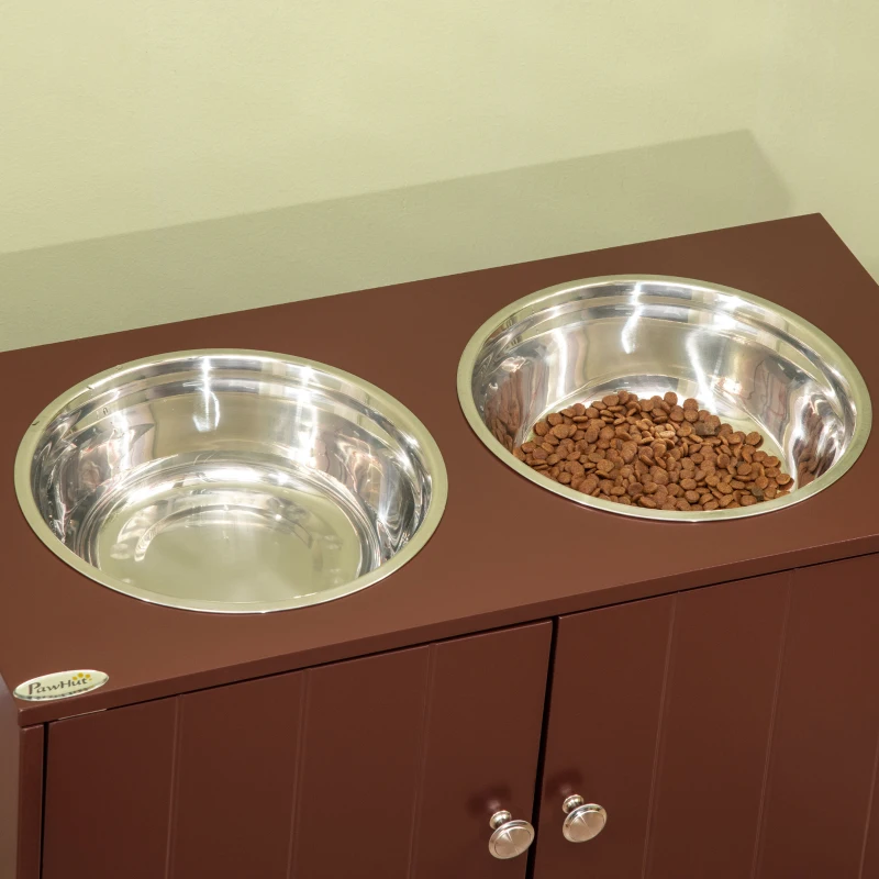 PawHut Elevated Dog Bowls with Storage Cabinet, Raised Dog Bowl Stand Pet Food Bowl Dog Feeding Station, Brown