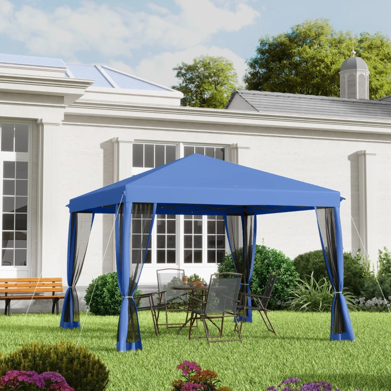 Outsunny 10' x 10' Pop Up Canopy Tent Gazebo, Foldable Canopy Tent with Zipper Mesh Sidewalls and Carry Bag, Easy Setup Screen Shelter for Backyard Patio Outdoor, Blue