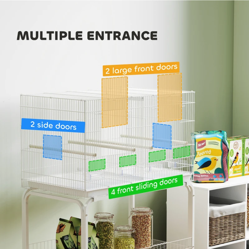 PawHut 46" H Bird Cage, Large Parakeet Cage for Budgie, Lovebird, Canary, Finches with Divider, White