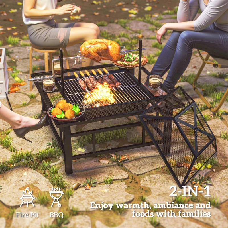 Outsunny 31.9" x 31.9" x 27.8" 2-in-1 Outdoor Fire Pit Firepit with BBQ Grill Grate, Wood Fire Pit with Adjustable Foot Pads, Outer Ledge, Poker, Mesh Lid for Backyard, Black