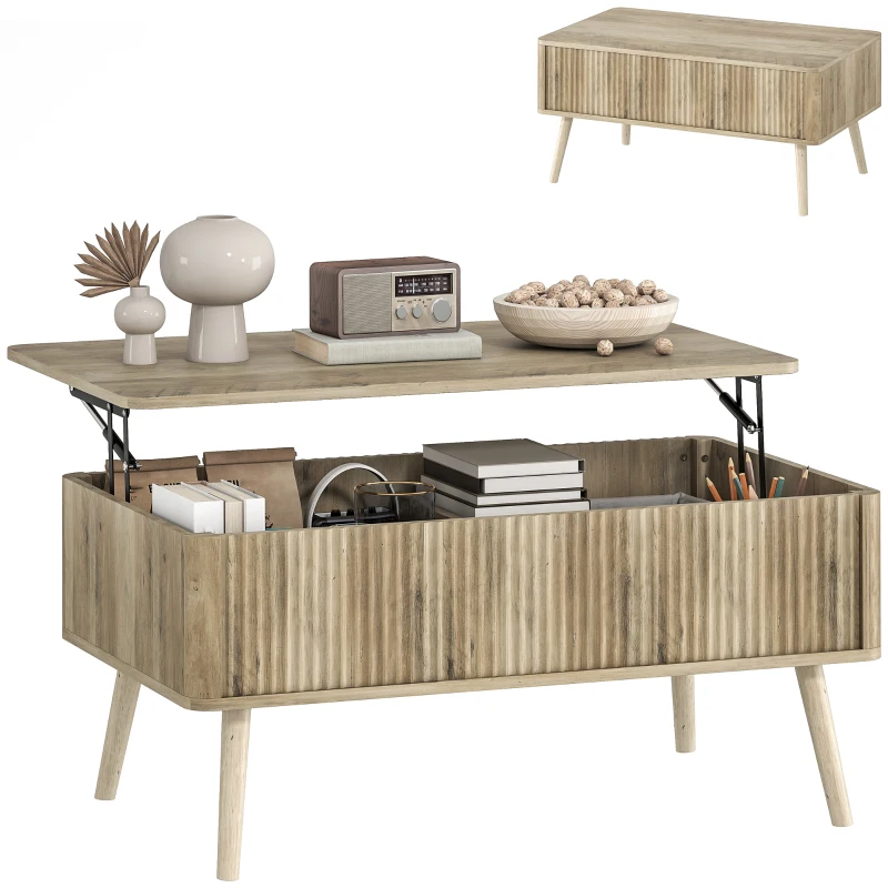 HOMCOM Lift Top Coffee Table with Storage, Center Table with Hidden Compartments and Pine Wood Legs for Living Room, Oak