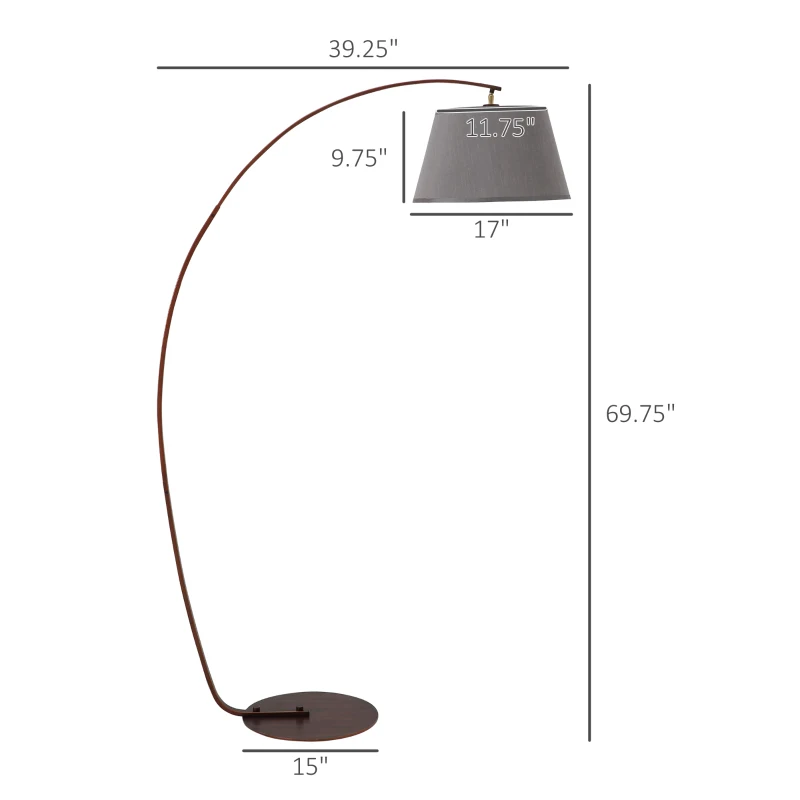 HOMCOM Arched Floor Lamp, Modern Standing Lamp with Foot Switch & Metal Base, Corner Reading Lamps Tall Pole Light for Office Bedroom Living Room, Grey
