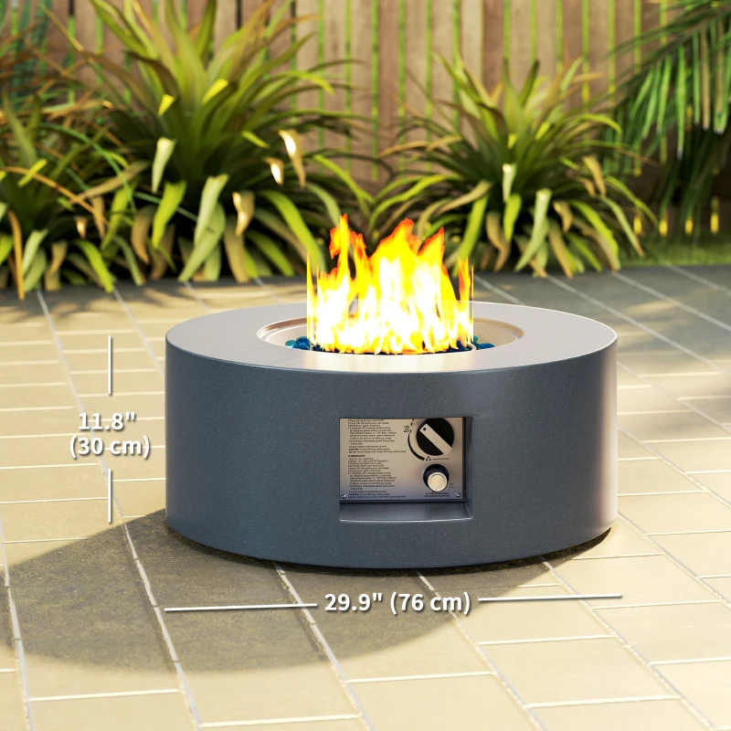 Outsunny 30" Round Propane Fire Pit Table 50,000 BTU Outdoor Gas Fire Table with Waterproof Cover, Decorative Glass Rocks, Tank Holder, Grey