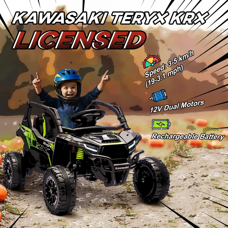 Qaba 12V Ride on Truck, Licensed KAWASAKI TERYX KRX 2WD Kids Electric Car with Rear Suspension for 3-8 Years, Black