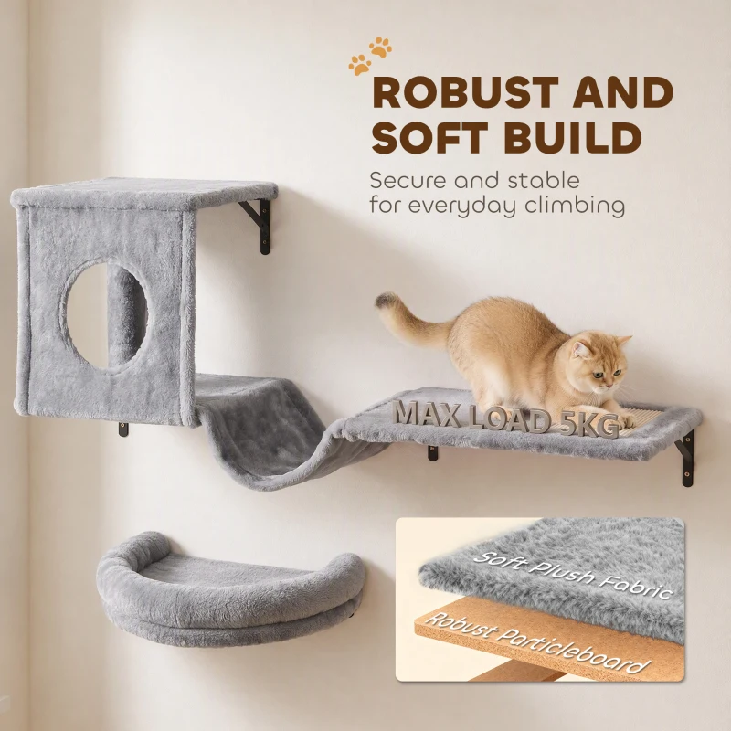 PawHut 3-In-1 Cat Wall Shelves with Condo, Bed, Hammock, Scratching Post and Spring Ball, Gray
