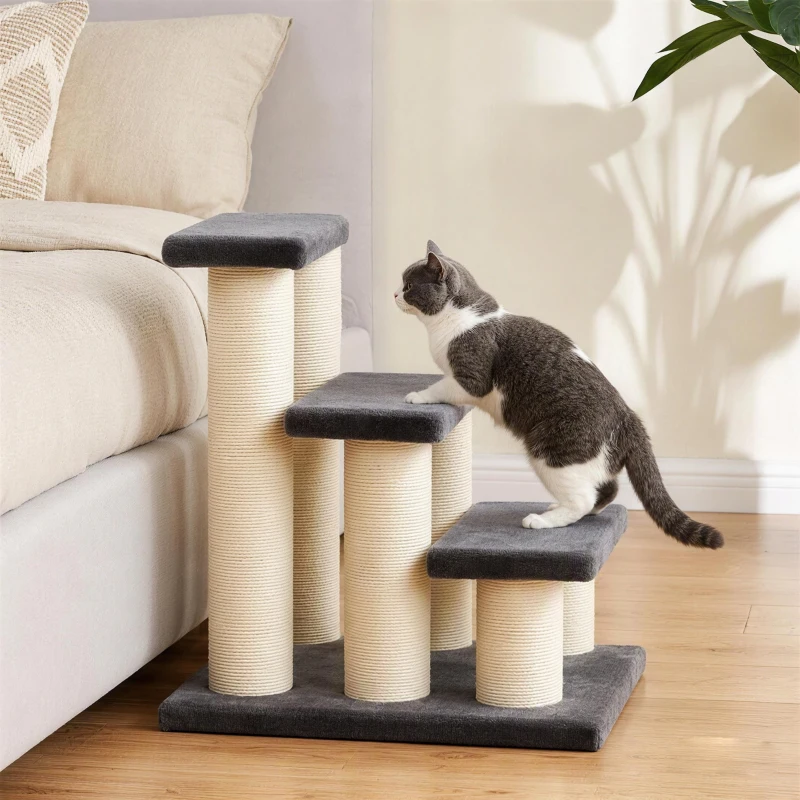 PawHut Cat Trees 3 Tier Pet Stairs Dog Cat 3 Steps Kitty Scratching Post Cat Scratch Furniture Dark Grey