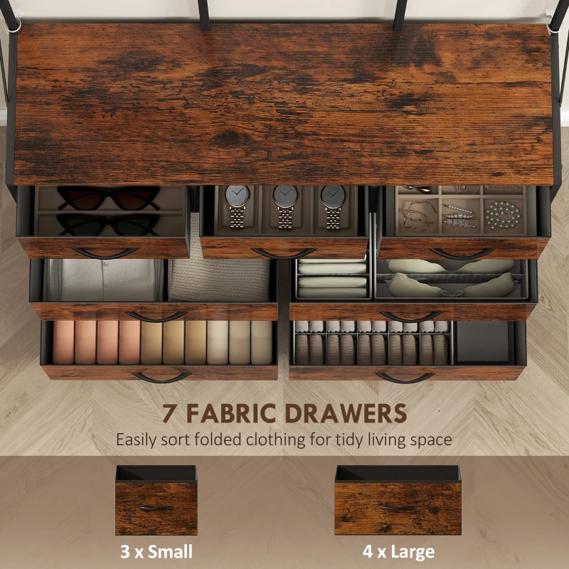 HOMCOM 4-In-1 Coat Rack with 7 Drawer Fabric Dresser, Hall Tree with 14 Hooks for Hallway, Entryway, Rustic Brown