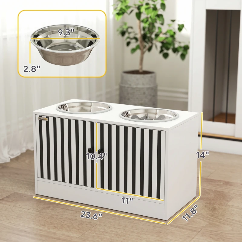 PawHut Elevated Dog Bowls with Storage Cabinet,  2 Stainless Steel Bowls, Slow Feeder, Dog Feeding Station for Large Dogs, White