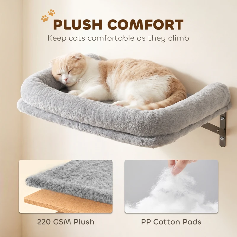 PawHut Cat Wall Shelves, 3-in-1 Wall-Mounted Cat Climber Set w/ Bed, Platforms, Hammock, Scratching Posts and Spring Ball