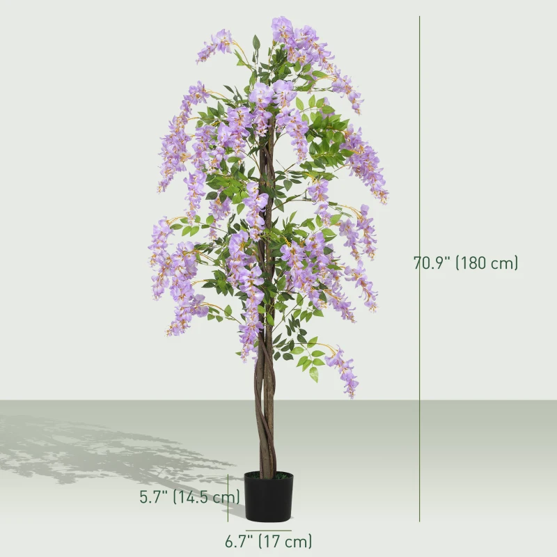 HOMCOM 5.9FT Fake Wisteria Tree with Natural Wood Trunk, Artificial Plant in Nursery Pot, Greenery Tall Faux Floor Plant Purple