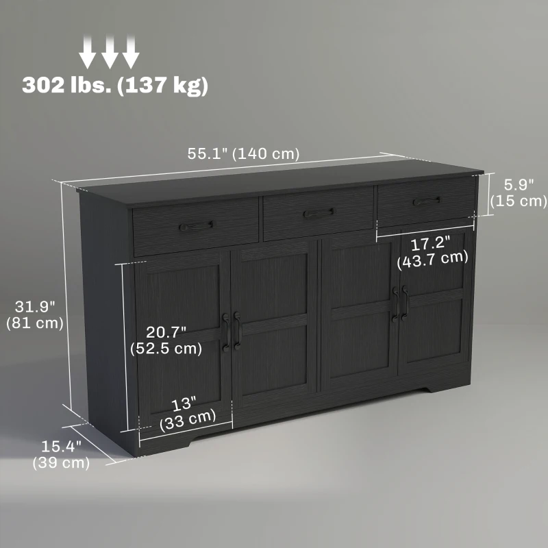 HOMCOM Sideboard Buffet Cabinet with Storage, Modern Coffee Bar Cabinet with 3 Drawers and Adjustable Shelves, Distressed Black