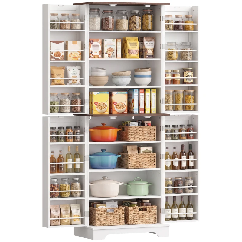 HOMCOM 65" Kitchen Pantry Cabinet Adjustable Shelves Tall Storage Cabinet Door Shelves 8 Shelves Brown White