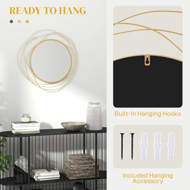 HOMCOM 25.6" Circle Mirror for Wall, Modern Metal Wall Art for Living Room, Bedroom and Dining Room, Gold