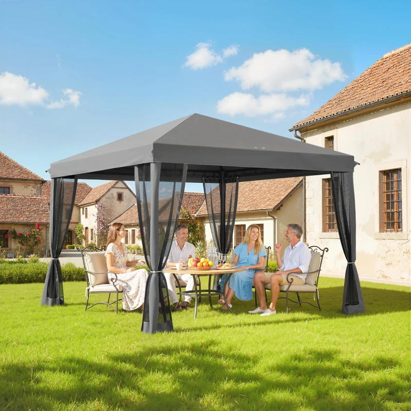Outsunny 10' x 10' Pop Up Canopy Tent Gazebo, Foldable Canopy Tent with Zipper Mesh Sidewalls, Light Grey