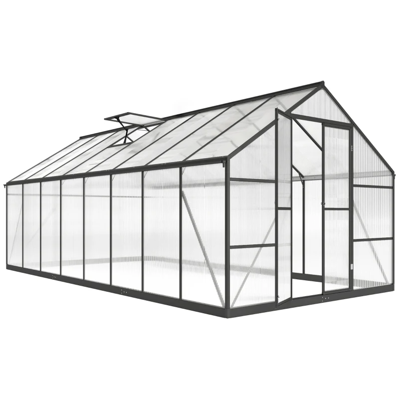 Outsunny Polycarbonate Greenhouse, Walk-in Green House with Two Top Windows, Rain Gutter and Swing Door, 8' x 16' x 7', Dark Grey