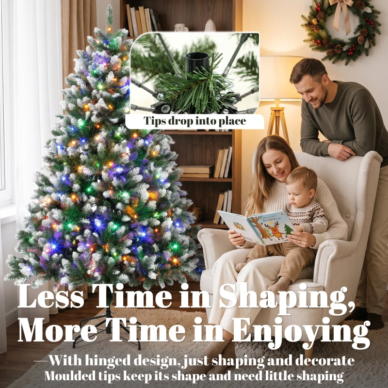 HOMCOM 7.5ft Pre-lit Artificial Christmas Tree White-Tipped Hinged Full Xmas Tree with 1378 Tips