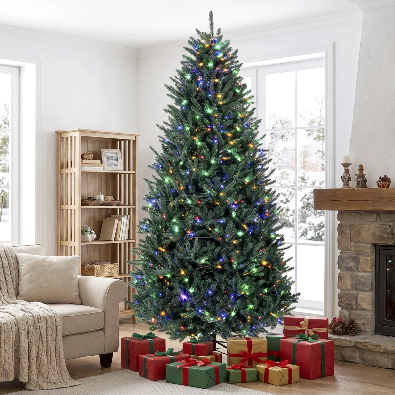 HOMCOM 9ft Prelit Christmas Tree, Colorado Blue Spruce, Easy Plug, Hinged Xmas Tree with Warm White & Multi-Color LED Lights
