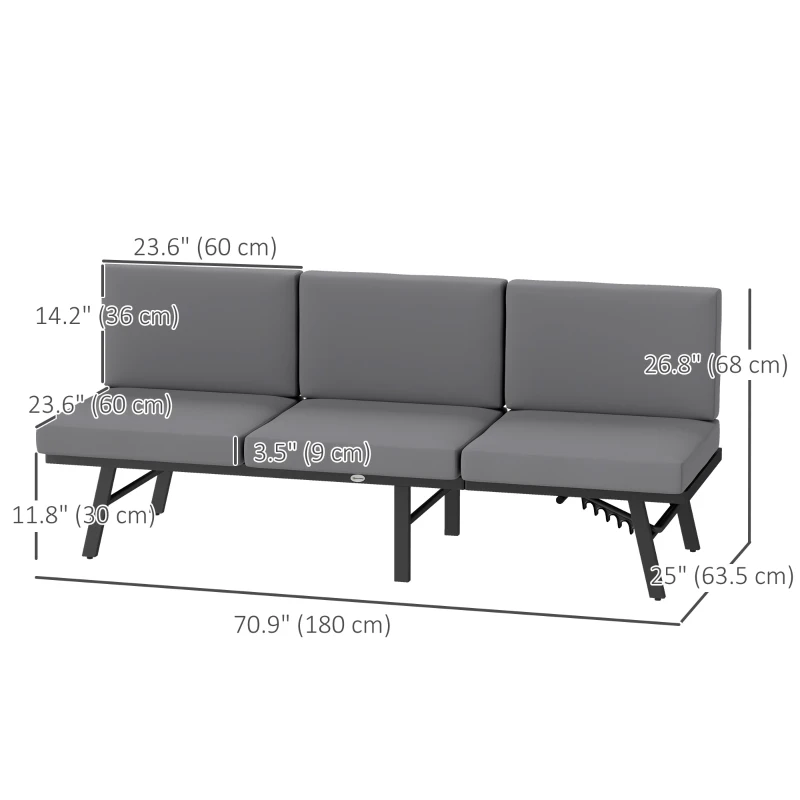 Outsunny 3-in-1 3-Seater Outdoor Sofa, Lounge Chair with 5-Position Adjustable Back, Patio Loveseat with Folding Table, Grey
