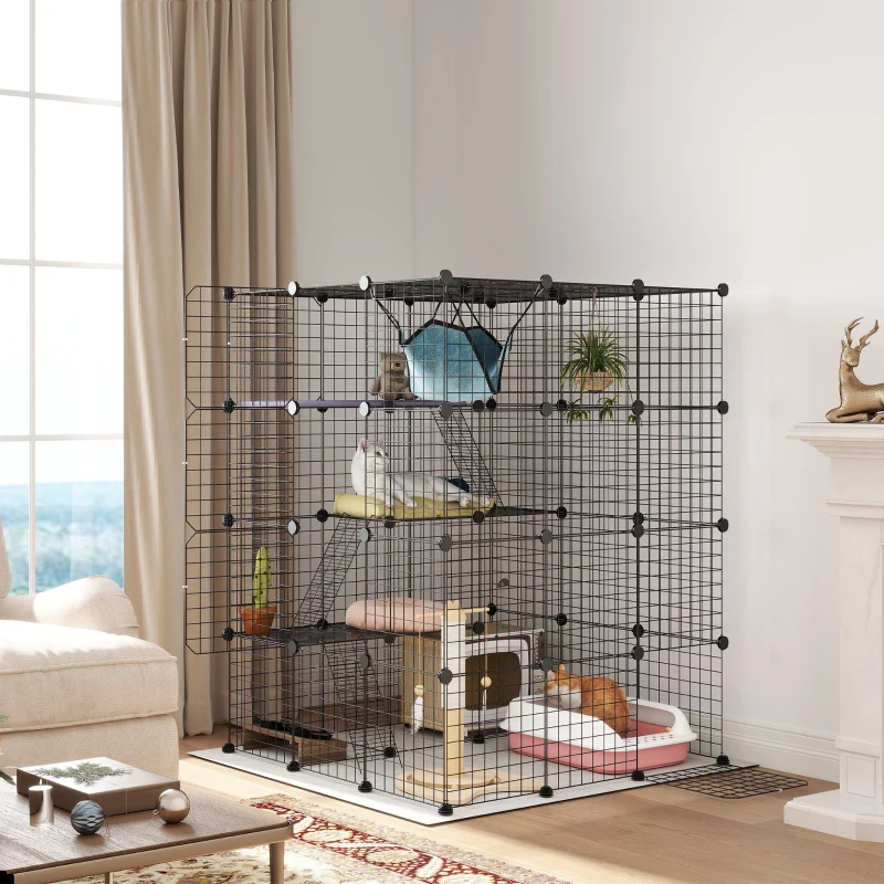 PawHut DIY 4 Tier Cat Cage Indoor with Hammock, Ramps, Jumping Platforms, Doors, Cat Enclosure for 1-3 Cats, 3 x 3 x 4, Black