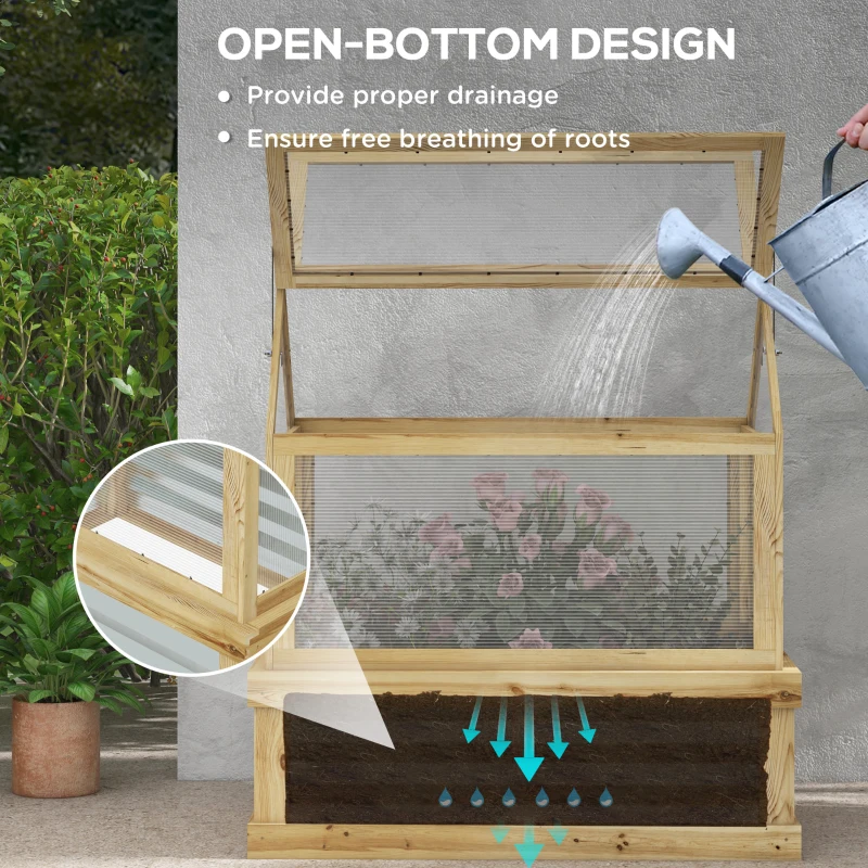 Outsunny Raised Garden Flower Bed Kit with Greenhouse, Wooden Cold Frame Planter, 35.5" x 22.5" x 38.25", Natural