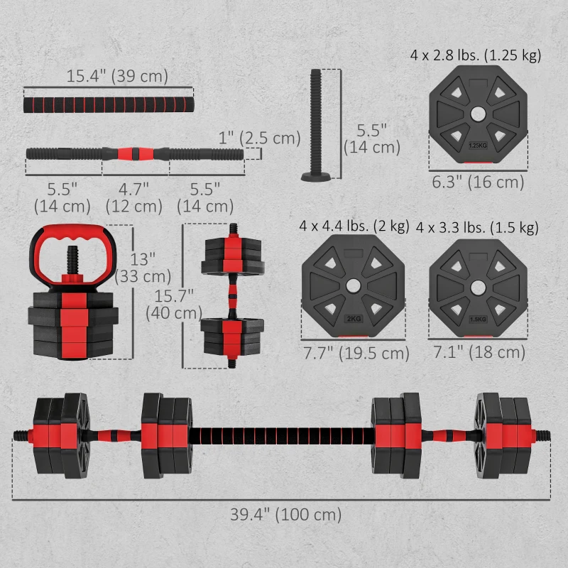 Soozier 6-in-1 Adjustable Dumbbell Set, Used as Kettlebell, Barbell, Dumbbell, Push-Up Stand, 44lbs Free Weights Set, Red