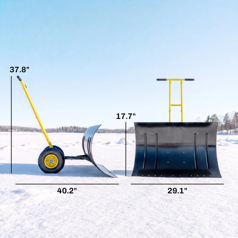 Outsunny Snow Shovel with Wheels, 29" Metal Snow Pusher with Adjustable Handle, 7-Angle Blade, Wear Strip for Driveway, Yellow