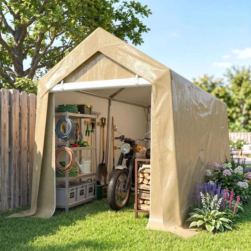 Outsunny Galvanized 7' x 12' Outdoor Storage Tent, Heavy Duty and Waterproof Portable Shed for Bike, Motorcycle, Tools, Beige