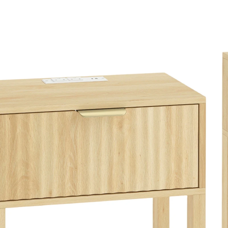 HOMCOM Modern Nightstand Set of 2, Slim Bedside Table with Drawer, Open Shelf and Built-in Charging for Bedroom, Oak