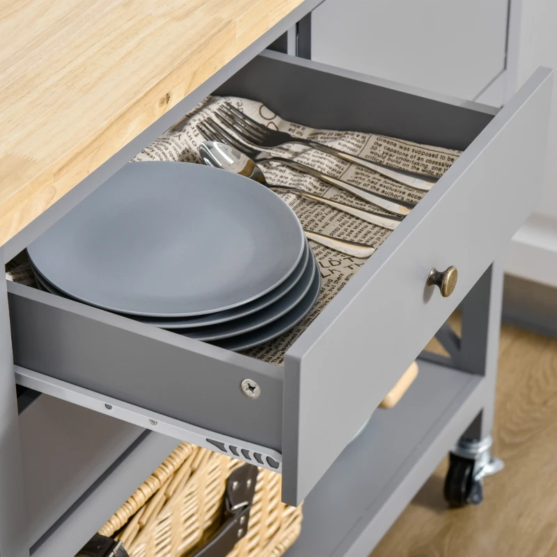 HOMCOM Rolling Kitchen Island Cart, Utility Trolley Cart with 2 Drawers, Towel Rack, Gray