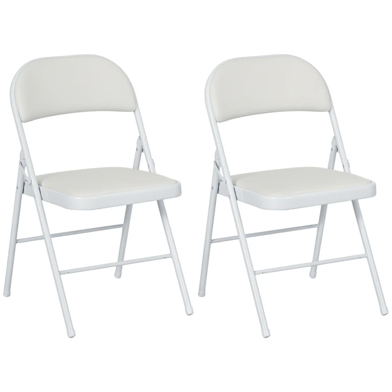 HOMCOM Set of 2 Metal Foldable Chairs, PU Leather Padded Folding Chairs with Cushion Seat and Open Back for Indoor, White