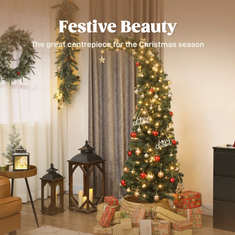 HOMCOM 6 ft Prelit Christmas Tree, Whimsical Xmas Tree Slim High Mountain Fir with 200 LEDs and Metal Stand, Green