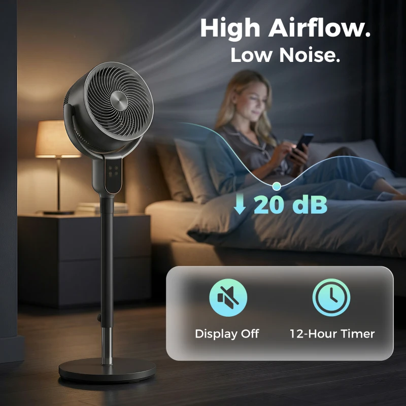 HOMCOM 20dB Standing Fan for Bedroom, 70°+90° Auto Oscillating Fan with 8 Speeds, Remote Control, 12H Timer, Adjustable Height