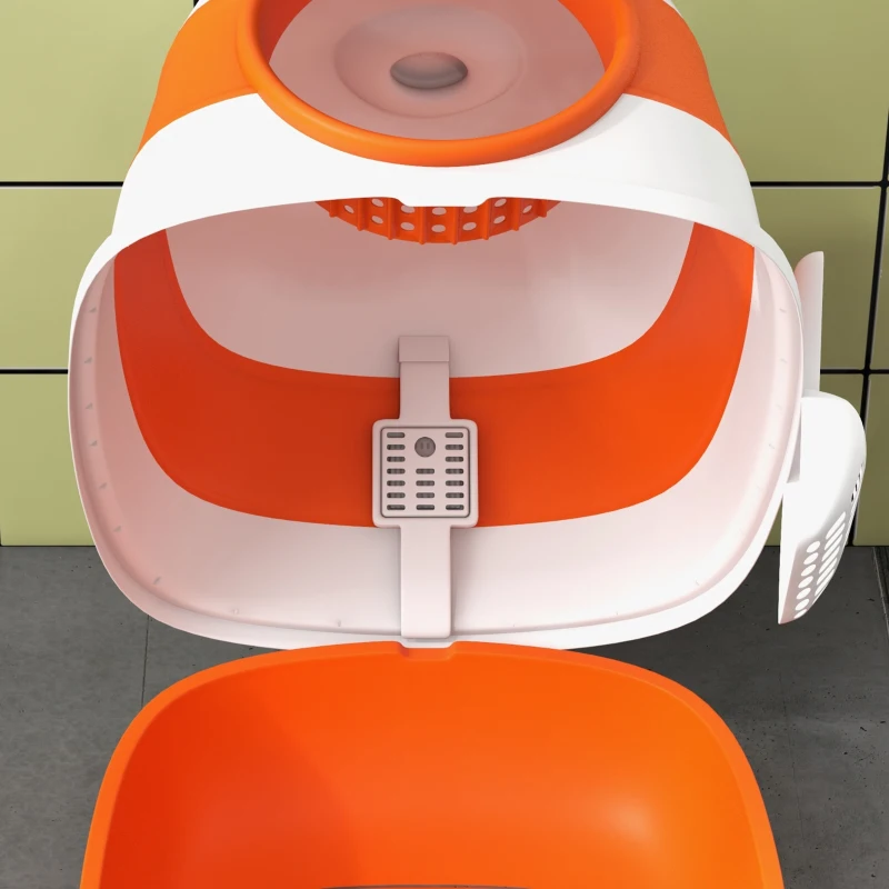 PawHut Dome Covered Cat Litter Box with Lid, White and Orange