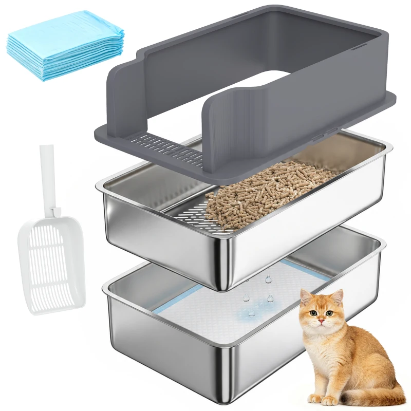 PawHut Stainless Steel Sifting Litter Box for Pine Pellet, High Sided, Anti-Leakage, Less Tracking, Includes Scoop & 10 Pads