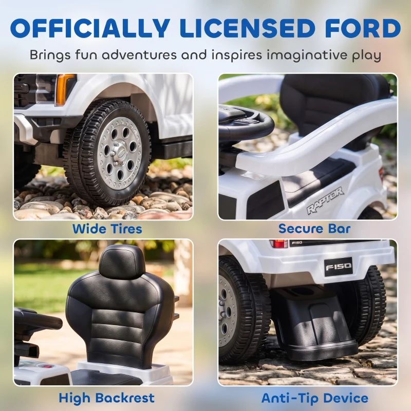 Qaba 3 In 1 Licensed Ford Kids Push Car with Push Handle, Horn, Sound, Secure Bar, Storage, for Toddlers 18-36 Months, White