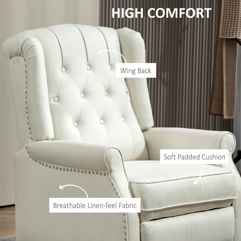 HOMCOM Wingback Reclining Chair with Footrest, Button Tufted Recliner Chair with Rolled Armrests for Living Room, Cream White