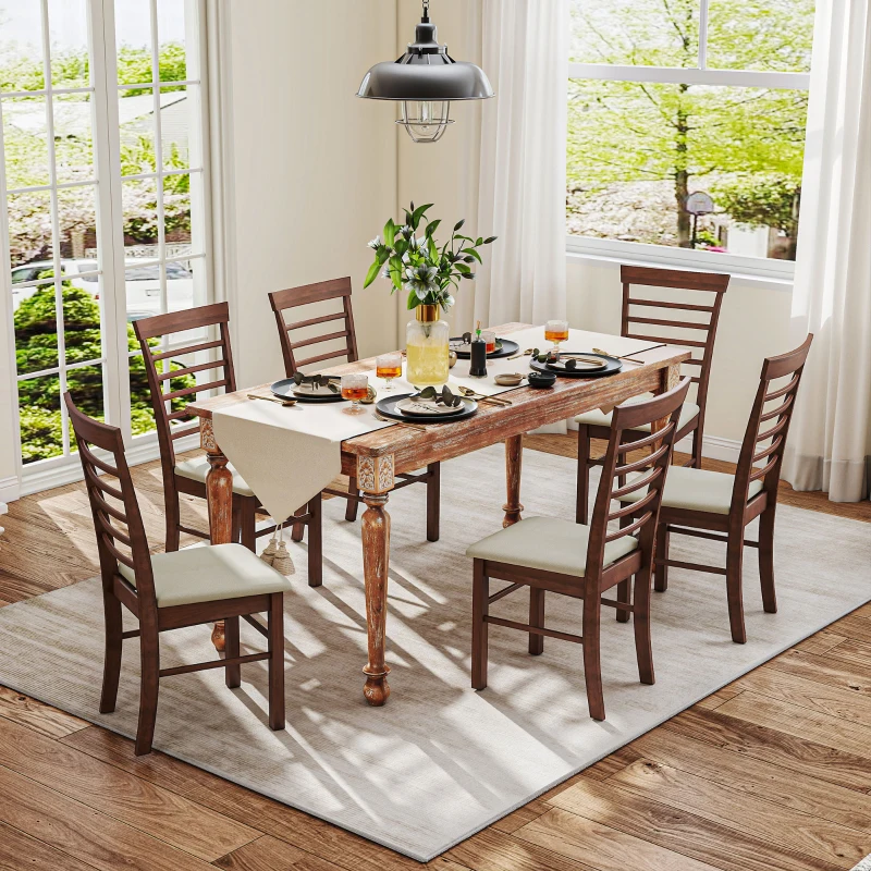 HOMCOM Wooden Dining Chairs Set of 4, Farmhouse Upholstered Kitchen Chairs with Rubber Wood Frame, Dark Brown and Beige