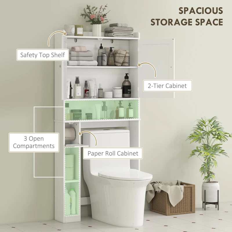 HOMCOM Modern Over The Toilet Storage Shelf with 2 Doors, Above Commode Storage Cabinet with Toilet Paper Holder, White