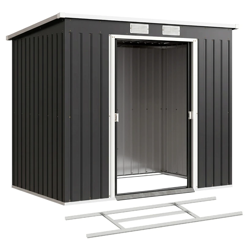 Outsunny 7 x 4ft Galvanised Steel Garden Shed, with Foundation Kit - Dark Grey
