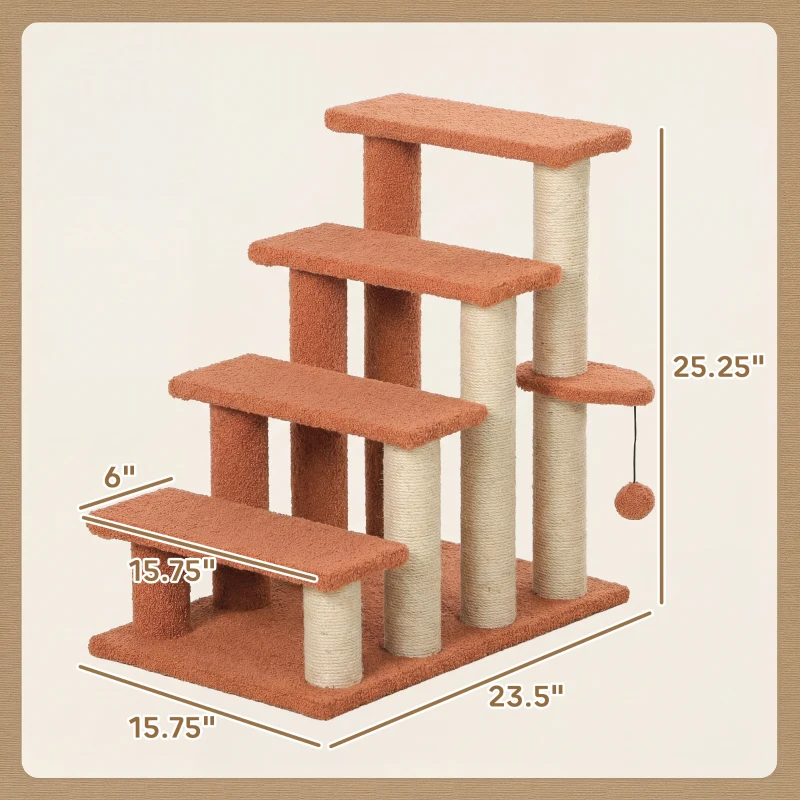 PawHut 4 Levels Cat Steps with Scratching Posts for High Bed, Sofa, Brown