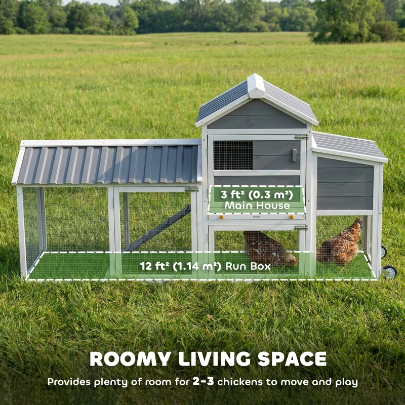 PawHut Chicken Coop with Wheels, 80" L Mobile Hen House with Run, Outdoor Wooden Chicken House with Nesting Box, Tray, Ramp