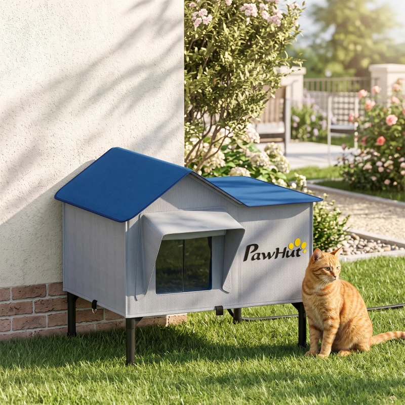 PawHut Heated Cat House Weatherproof with Heating Pad, Elevated Base, Safe Escape Door, for Stray, Barn Cats