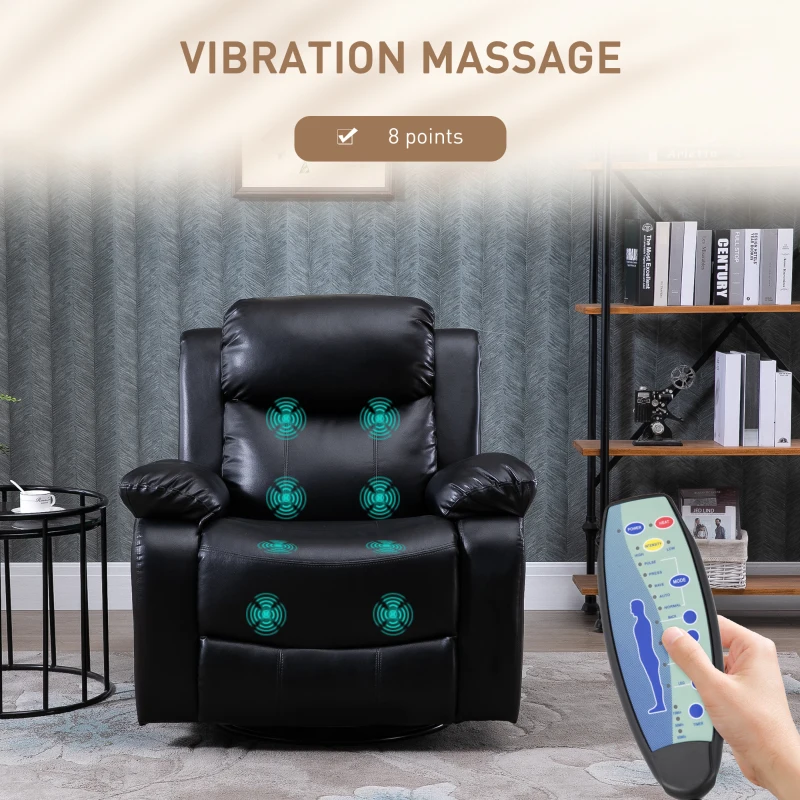 HOMCOM PU Leather Massage Recliner Chair, Swivel Rocker Sofa with Remote Control, Footrest, Padded Seat, Manual Reclining Chair for Living Room, Bedroom, Black